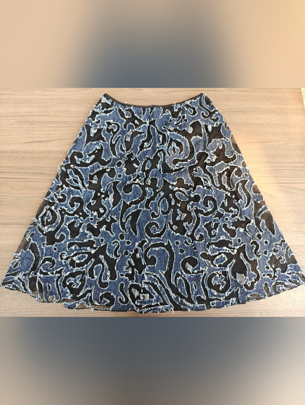 Tribal Black and Blue Denim Patterned Mesh A-Line Skirt